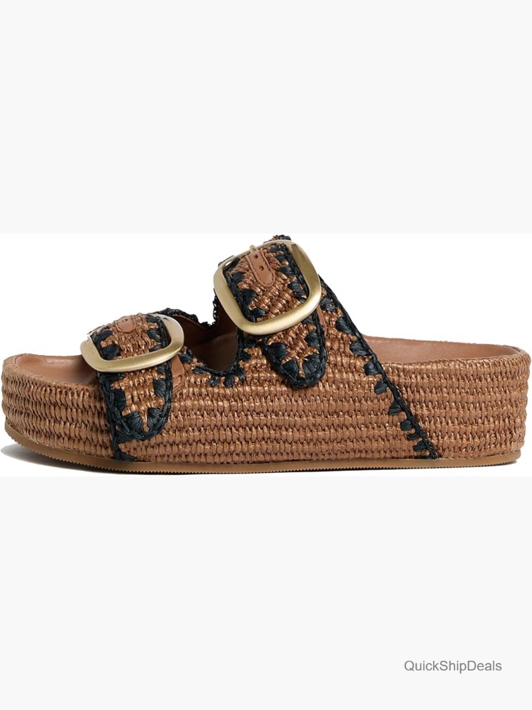 Straw Woven Platform Slide Sandals Espadrille Wedge Heel